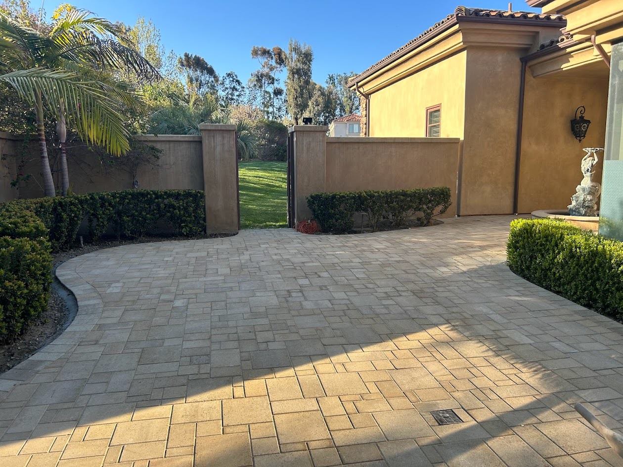 Curved paver driveway and entry courtyard with mature palms